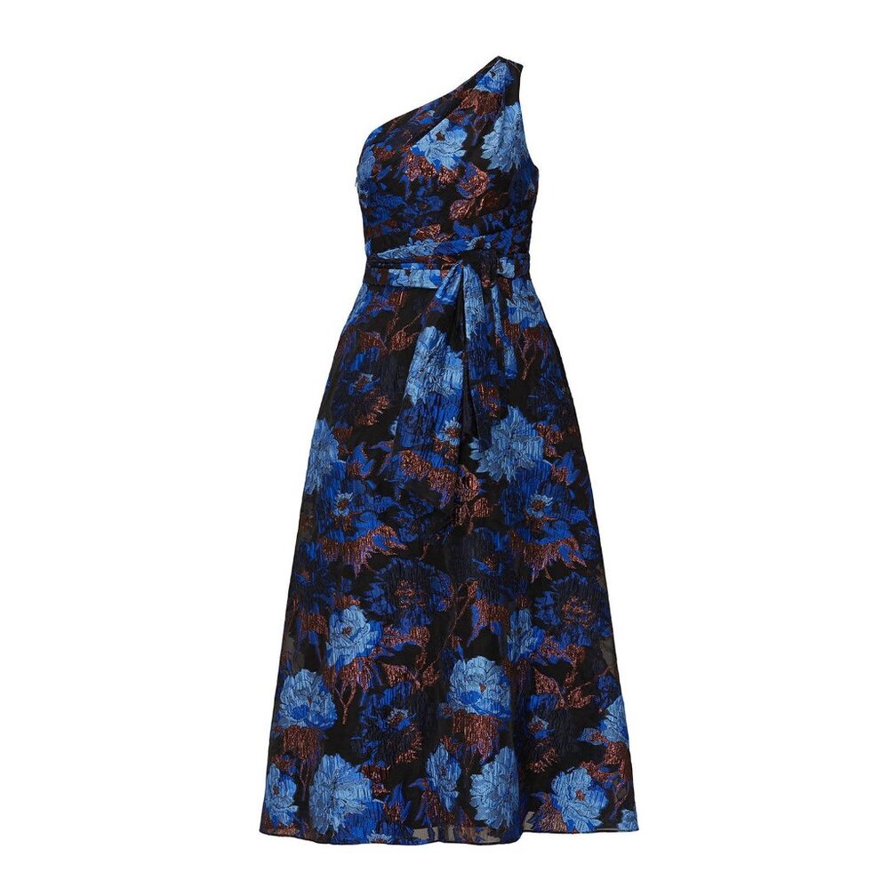 NWT Aidan Mattox Womens Size 6 Blue One Shoulder Floral Jacquard Draped Gown NEW